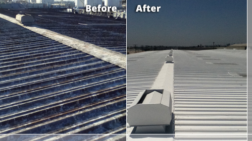 Standing seam metal roof restoration: pressure wash, seal vertical seams and
fasteners, apply emulsion to rusted areas and coat the entire roof with a Title 24
compliant elastomeric Apoc 248 coating